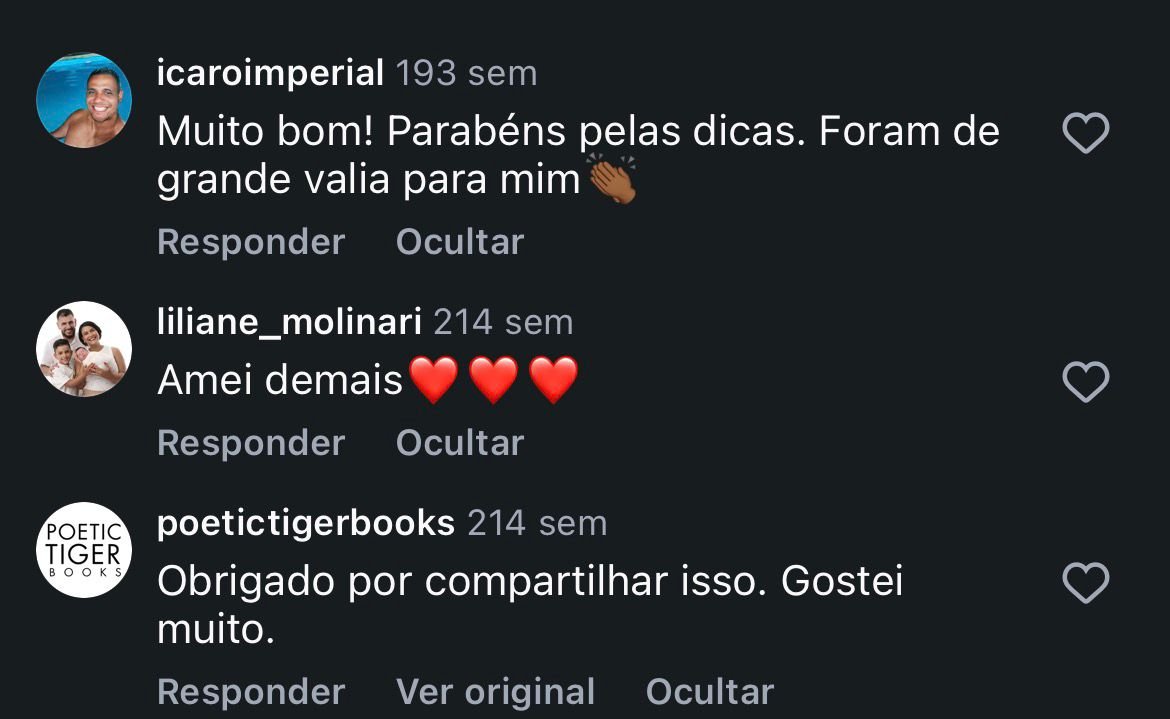 Depoimentos reais — comentários no Instagram
